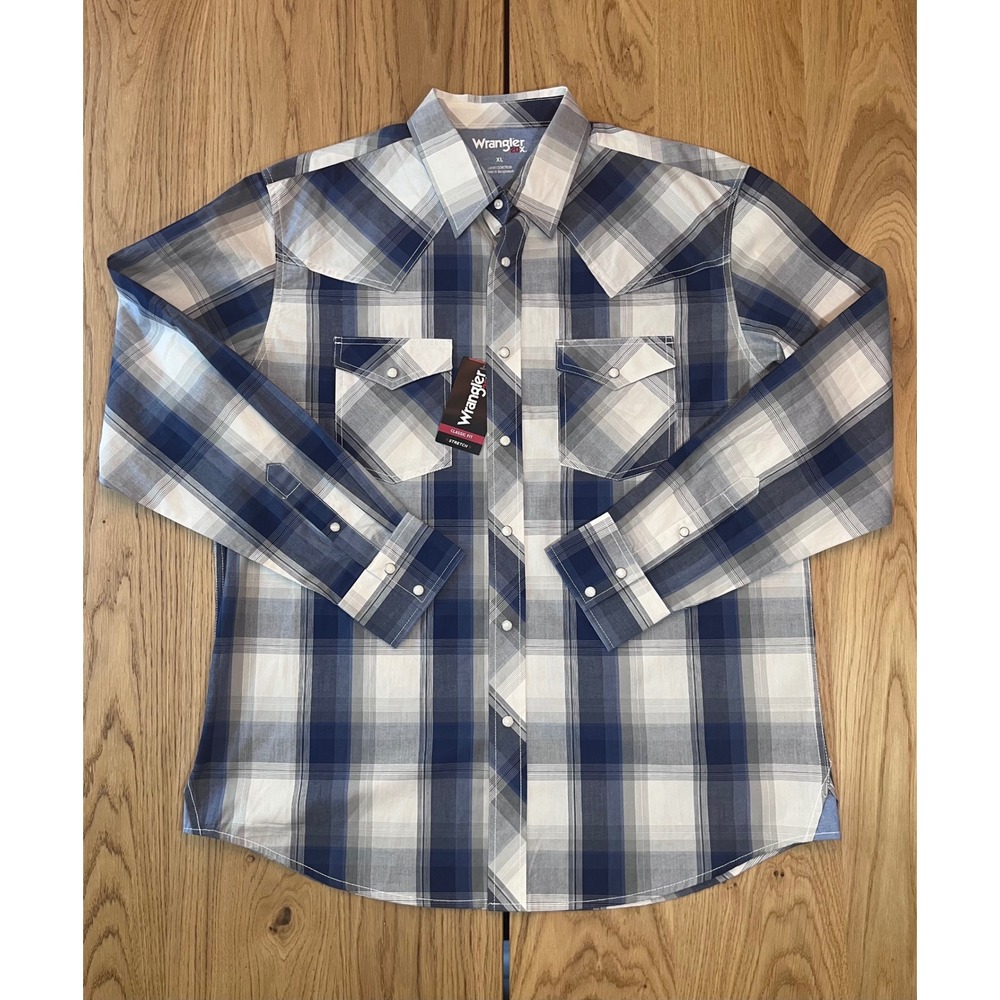 Wrangler 20X Plaid Western Snap Shirt Mens XL Blue White Cowboy Stretch